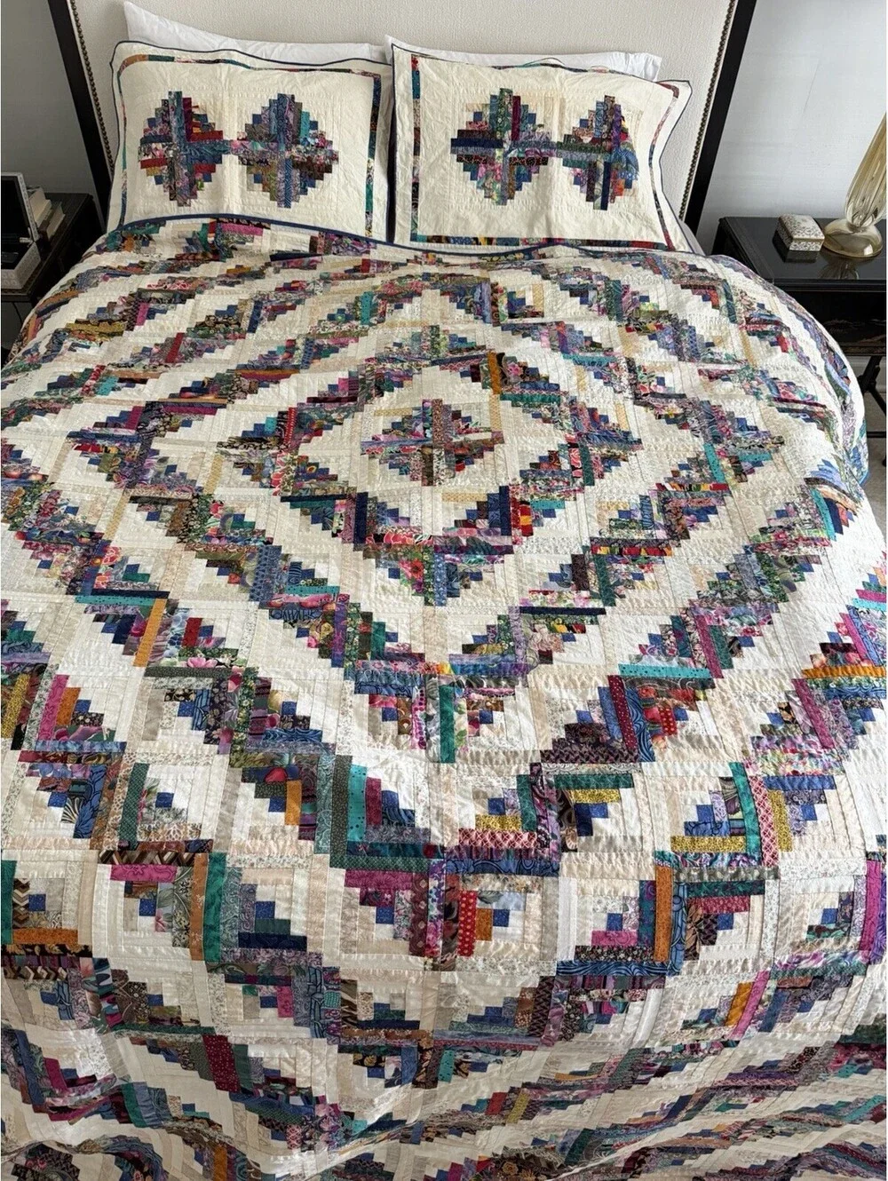 King 3pc Vintage Log Cabin Quilt Set Hand Quilted Scrappy Patchwork Shams 98x98